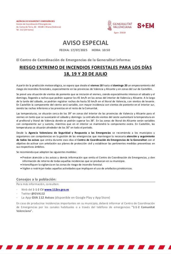 El CCE-GV emite un aviso especial por Riesgo de Incendios Forestales 1