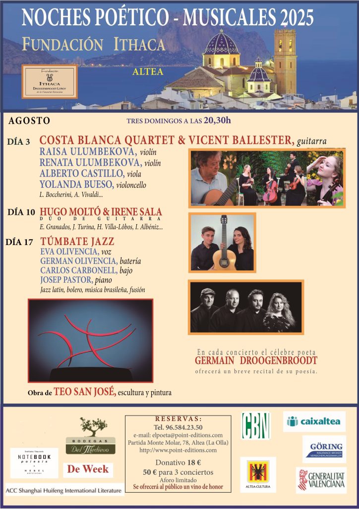 El primer concierto de la decimocuarta edición de Las Noches Poética-Musicales de Ithaca en Altea tendrá lugar el día 3 de agosto 0