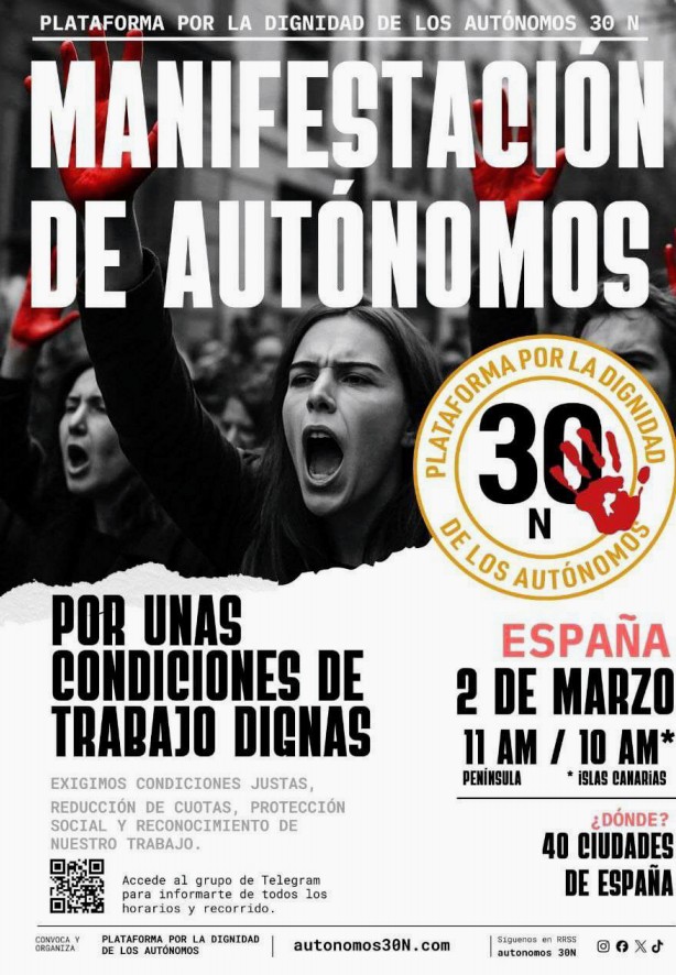 Movilización de autónomos el 2 de marzo en 40 ciudades: la Plataforma 30N busca superar los 80.000 asistentes