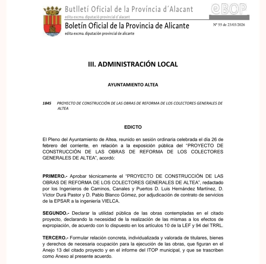 Altea reformará sus colectores generales, el proyecto se publica en el BOP y abre 15 días de alegaciones 1