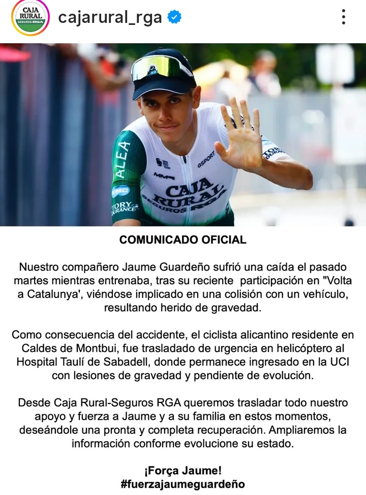 El ciclista alteano Jaume Guardeño en estado grave tras un accidente mientras entrenaba en Cataluña 1