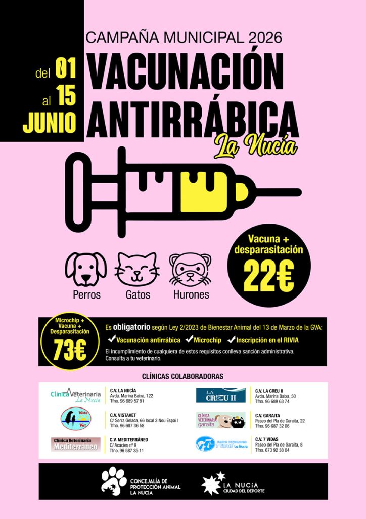 El próximo lunes arranca la Campaña Municipal de Vacunación Antirrábica 2026 en La Nucía