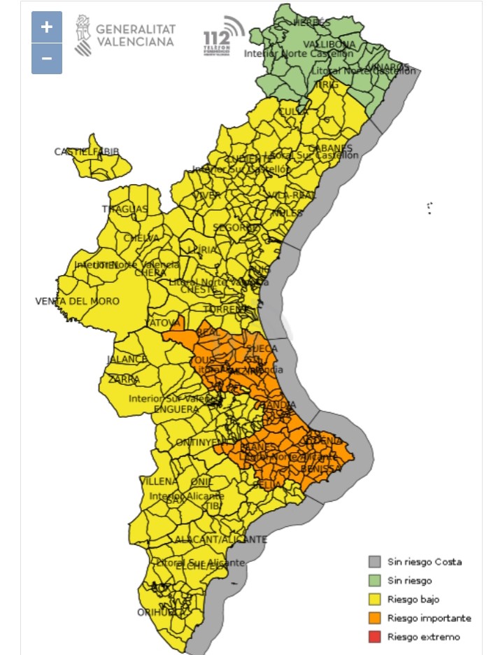 Emergencias activa la alerta naranja ante la previsión para este jueves de fuertes lluvias en el litoral sur de Valencia y en el litoral norte de Alicante