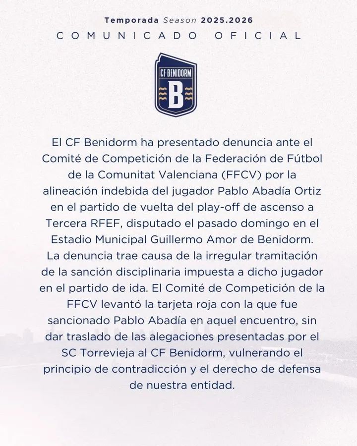 El CF Benidorm denuncia una presunta alineación indebida del SC Torrevieja en el play-off de ascenso a Tercera RFEF 4