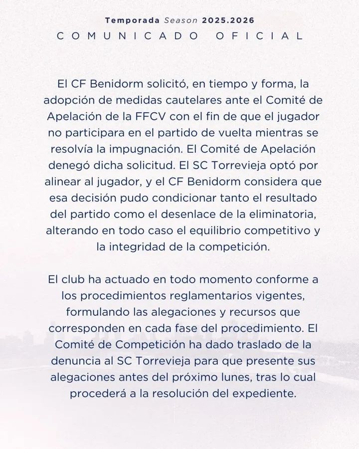 El CF Benidorm denuncia una presunta alineación indebida del SC Torrevieja en el play-off de ascenso a Tercera RFEF 5