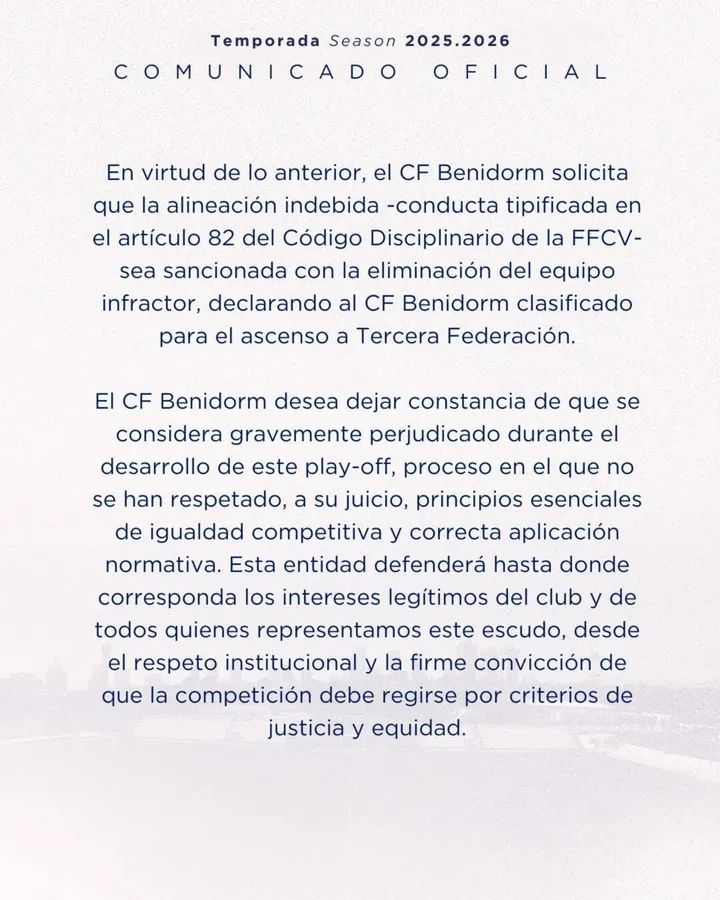 El CF Benidorm denuncia una presunta alineación indebida del SC Torrevieja en el play-off de ascenso a Tercera RFEF 6
