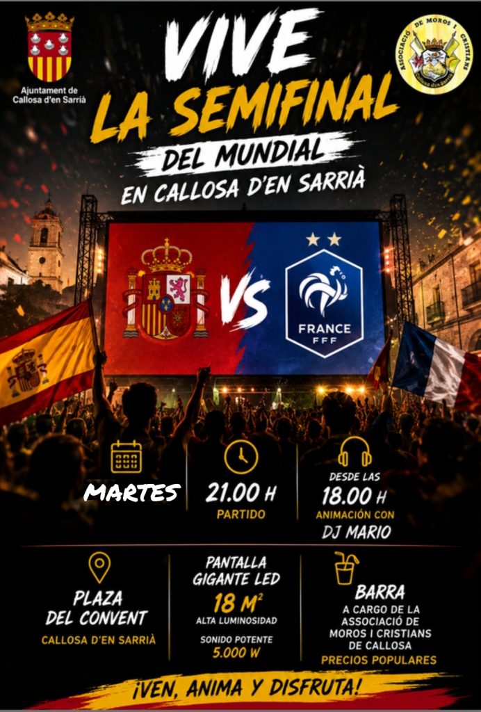 El Ayuntamiento de Callosa d’en Sarrià instalará una pantalla gigante en la plaza del Convent para vivir la semifinal del Mundial entre España y Francia 0
