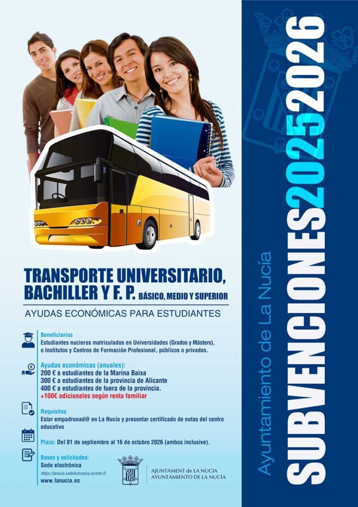 Subvención transporte estudiantes La Nucía: hasta 500 €