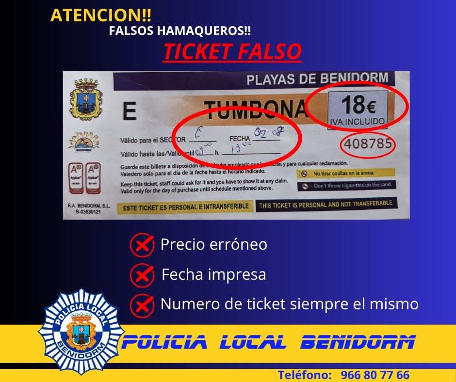 Tickets falsificados y oficiales para el alquiler de hamacas en las playas de Benidorm difundidos por la Policía Local