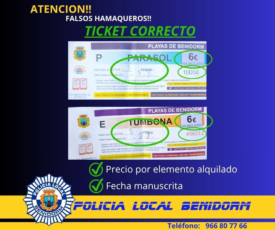 Tickets oficiales para el alquiler de hamacas en las playas de Benidorm difundidos por la Policía Local