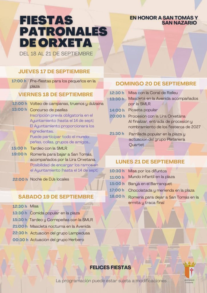 Fiestas Patronales de Orxeta 2026: programa completo del 17 al 21 de septiembre