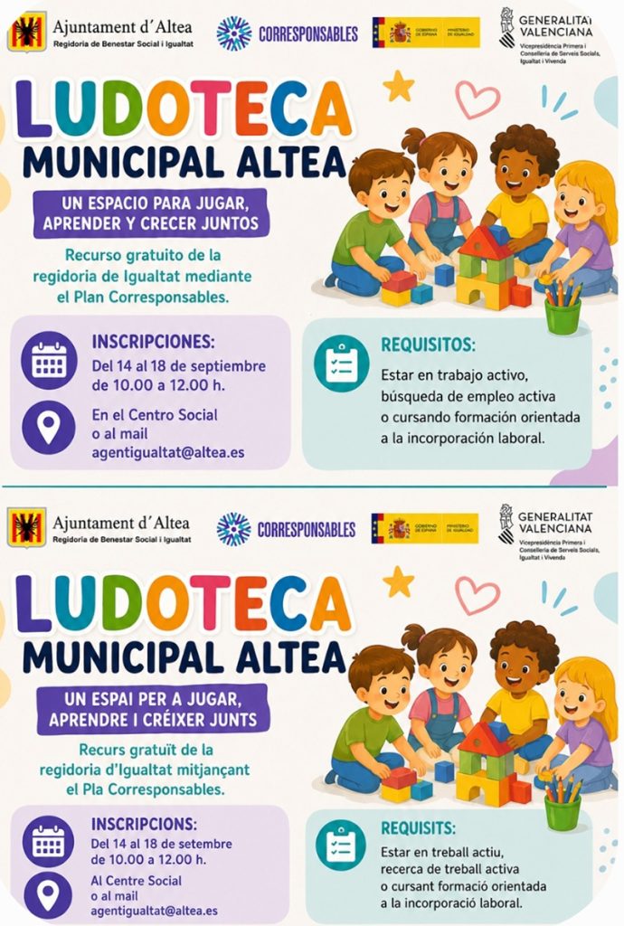 Altea abre las inscripciones de su Ludoteca Municipal para el curso 2026-27: fechas y requisitos 2