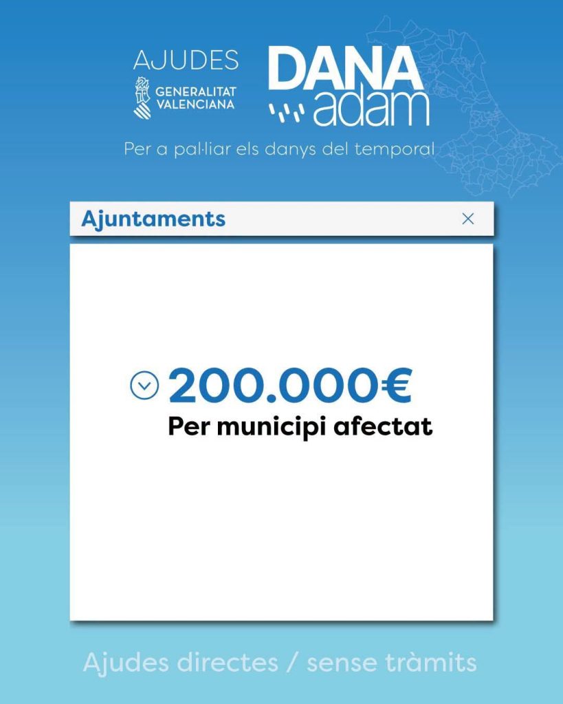 El Consell aprueba un primer paquete de ayudas inmediatas de 23,5 millones de euros para los afectados por la dana Adam